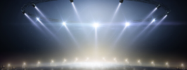 Sport background. Blue ice floor texture and mist. 3D rendering. Snow and ice background. 3D empty ice rink illuminated by spotlights. Scene