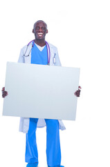 Male doctor holding empty placard. Doctor. Billboard
