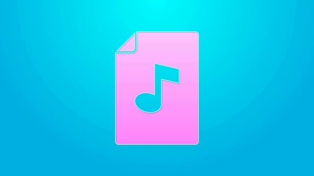 Pink line Music book with note icon isolated on blue background. Music sheet with note stave. Notebook for musical notes. 4K Video motion graphic animation