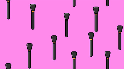 Endless seamless pattern of beautiful black beauty cosmetic items of eyebrow brushes and eyes for makeup and applying mascara and powder on a pink background. illustration