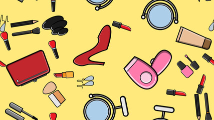Endless seamless pattern of beautiful beauty items of female glamorous fashionable powders, lipsticks, varnishes, creams, cosmetics on a yellow background. illustration