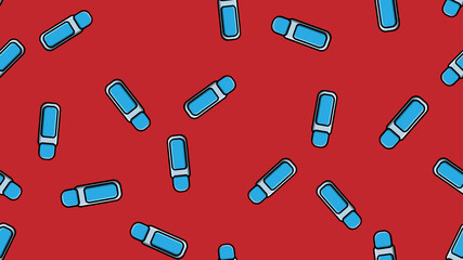 Endless seamless pattern of beautiful beauty items of female glamorous fashion jars with manicure remover on a red background. illustration