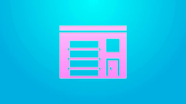 Pink line Building of fire station icon isolated on blue background. Fire department building. 4K Video motion graphic animation