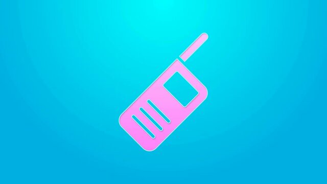 Pink line Walkie talkie icon isolated on blue background. Portable radio transmitter icon. Radio transceiver sign. 4K Video motion graphic animation