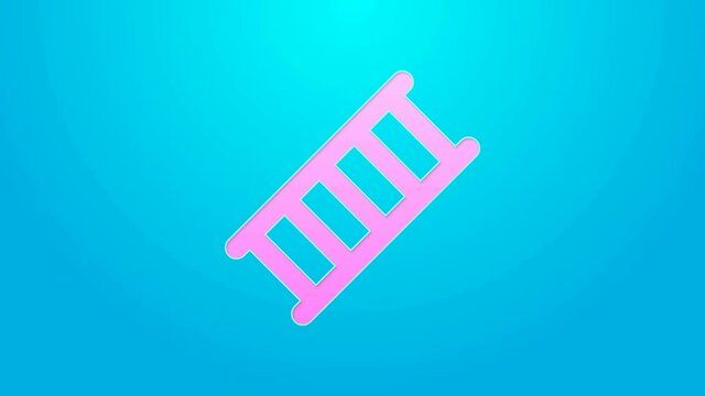 Pink line Fire escape icon isolated on blue background. Pompier ladder. Fireman scaling ladder with a pole. 4K Video motion graphic animation