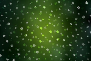 Dark Green vector background with xmas snowflakes, stars.