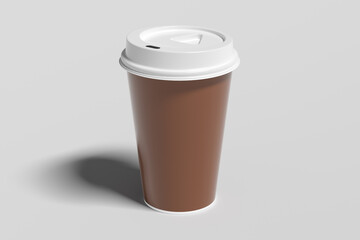 Brown take away coffee paper cup mock up with white lid on white background.