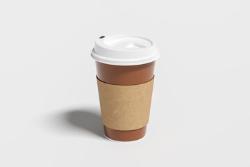 Brown take away coffee paper cup mock up with white lid with holder on white background.