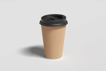 Cardboard take away coffee paper cup mock up with black lid on white background.