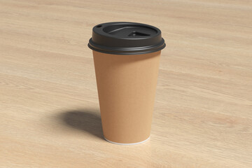 Cardboard take away coffee paper cup mock up with black lid on wooden background.