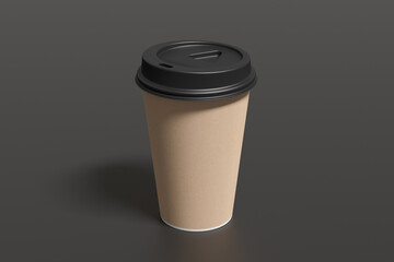 Cardboard take away coffee paper cup mock up with black lid on black background.