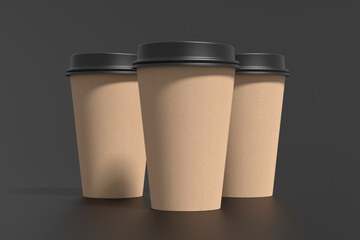 Three cardboard take away coffee paper cups mock up with black lids on black background.