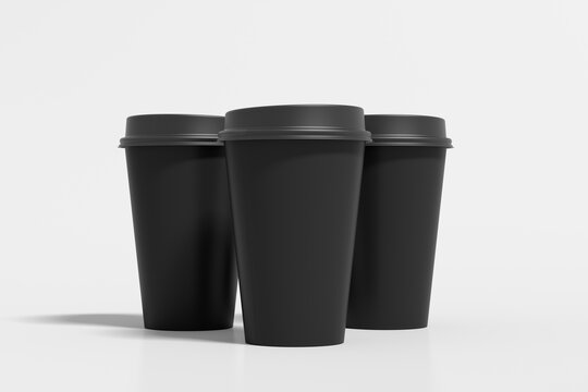 Three black take away coffee paper cups mock up with black lids on white background.