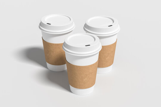 Three white take away coffee paper cups mock up with white lids on white background.