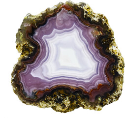 agate crystal slice in black, purple and white isolated on white background