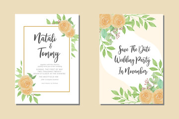 Fototapeta na wymiar Wedding invitation frame set: flowers, leaves, watercolor, isolated on white. Sketched wreath, floral and herbs garland with green, greenery color. Hand drawn Vector Watercolor style, nature art