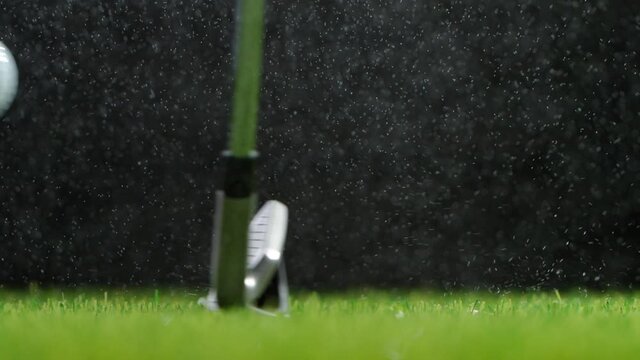 Super slow motion of hitting golfball in detail. Filmed on high speed cinema camera, 1000fps.