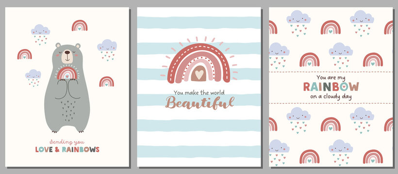 Set of greeting cards with cute bear, rainbows, and clouds.  Hand drawn illustrations of bear, rainbows, and clouds in soft pastel colors. Can be also used for posters, covers, banners, and more.