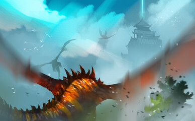 Plakat Digital illustration painting design style a few dragons flying above magic town, against clouds. 