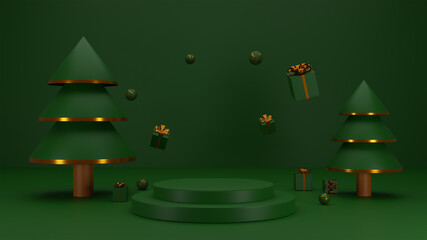 Concept Merry Christmas for product presentation podium 2 layer with gift box and ball glossy and tree christmas on green background. 3d rendering
