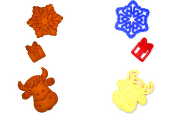 festive homemade cookies in the shape of a cow or bull of snowflakes and gift, baking concept for christmas and new year 2021 