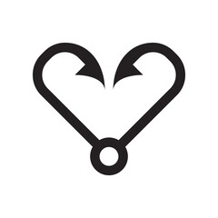 Fishing hook heart, love symbol, black icon isolated on white background, vector illustration.