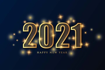 Happy new year 2021 with gold color and navy blue background. Elegant greeting card with shining stars.