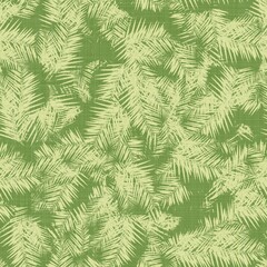 Bright line green tropical foliage seamless pattern. High quality illustration. Vivid but simple palm tree leaves in happy light green shades with linen fabric texture overlay.