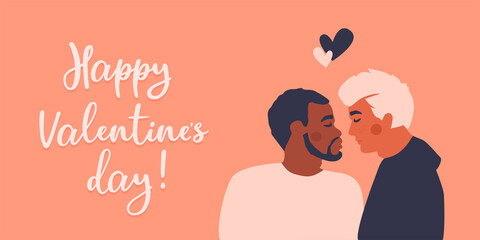 Male gay homosexual couple. African american black man kissing caucasian white man. Lgbt love concept. Vector greeting card or poster for Valentine's Day! Transgender or queer men.