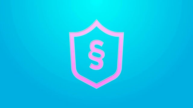 Pink line Justice law in shield icon isolated on blue background. 4K Video motion graphic animation