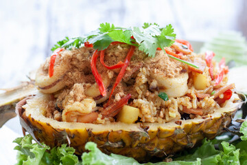 Closeup Pineapple Fried Rice or Khao Pad Sub Pa Rod is food decoration Thai style.