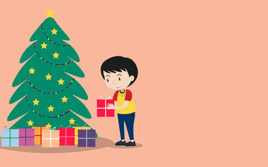 gift box and chrismas tree with boy in flat desing 