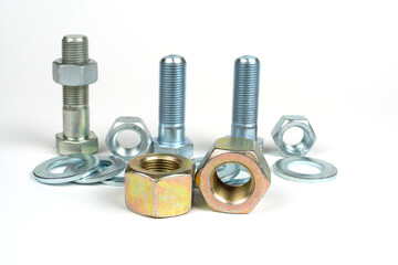 metal bolts with nuts and washers close up