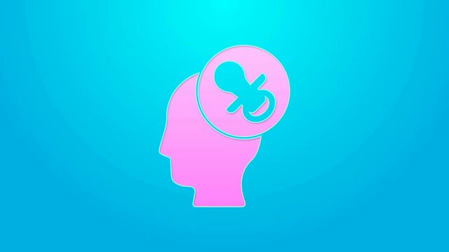 Pink line Baby dummy pacifier icon isolated on blue background. Toy of a child. 4K Video motion graphic animation