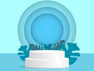 abstract white round podium with leaves stand for product advertising