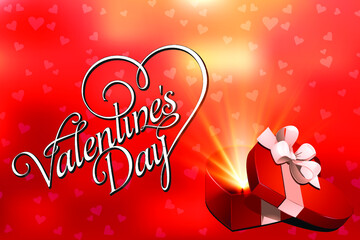Abstract Valentines Day typography in a valentine background with hearts. A heart shape present box is shinning in the background - Vector EPS 10