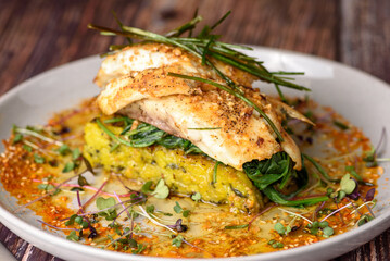 A serve of grilled Barramundi fish with Paella Risotto cake, presented on a round plate