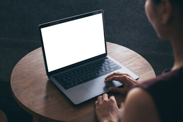 computer screen blank mockup.hand woman work using laptop with white background for...