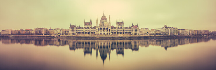 Fototapeta na wymiar Panorama Hungarian parliament near Danube river in Budapest. Hungary