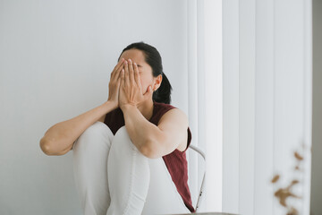 sad serious illness woman.depressed emotion panic attacks alone sick people fear stressful...