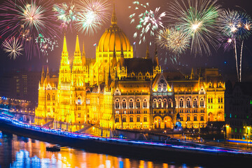 Fireworks display at Hungarian Parliament in Budapest