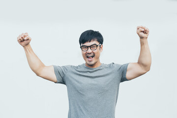 adult asian man.young male wear eye glasses.posing smiling look excited surprised thinking position happy joy life.empty,copy space for text advertising.white background.attractive fashion people