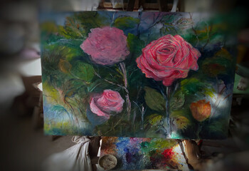 Art painting Hand drawn  Oil color Colorful  rose  flowers   pattern  from Thailand