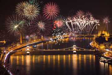 Fireworks near Chain bridge in Budapest. Hungary 