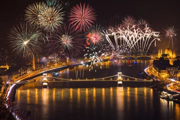 Acrylic prints Széchenyi Chain Bridge Fireworks near Chain bridge in Budapest. Hungary 