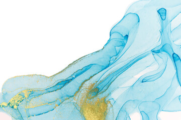 Alcohol ink blue and gold abstract background. Ocean style watercolor texture.