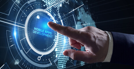 Inscription MOBILE APPS DEVELOPMENT on the virtual display. Cloud technology concept.