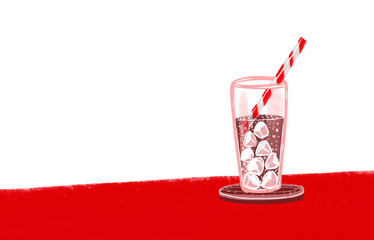 illustration of a glass with a drink with ice and a straw in it, on a red table