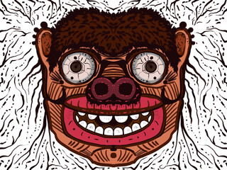 illustration of a scary mask, demon, evil, devil, in the ancient African style. Mythical creature
