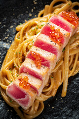 Linguine with tuna and caviar